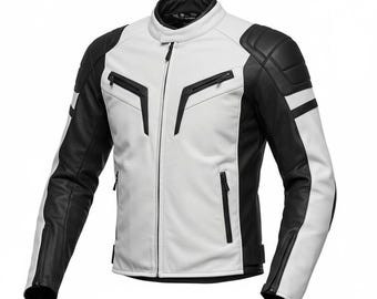 Men’s Black White Racing Leather Jacket, Genuine Cowhide Biker Motorcycle Gear Handmade Custom Street
