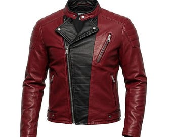 Men’s Red Black Leather Biker Jacket – Slim Fit Moto Style Coat – Handmade Racing Vintage