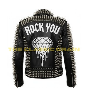 Men’s Black Metalhead Leather Battle Jacket, Spiked Punk Coat with Heavy Metal Rocker Text
