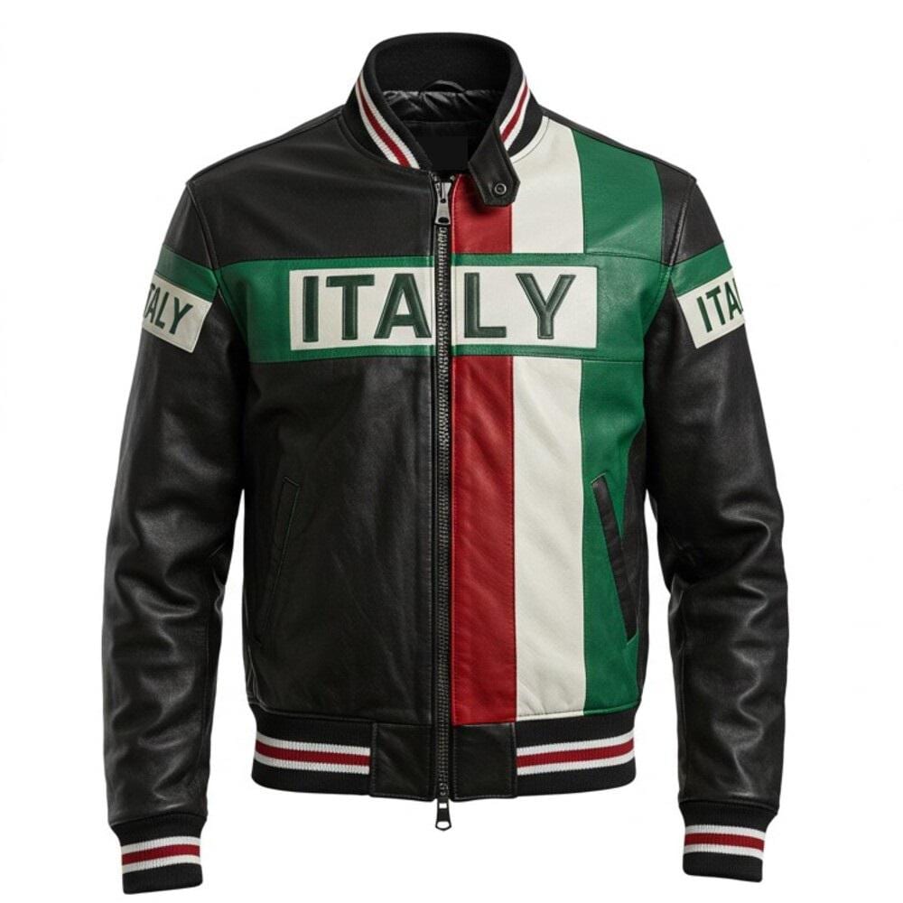 Men's Real Leather Italy Flag Jacket: Tricolor Italian Bomber Coat