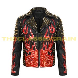 Blouson homme en cuir noir flammé - Blouson motard punk fait main - Style gothique clouté en feu