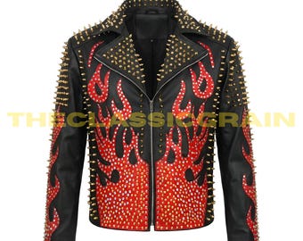 Spiked Black Flame Leather Jacket: Gothic Punk Biker Costume - Etsy