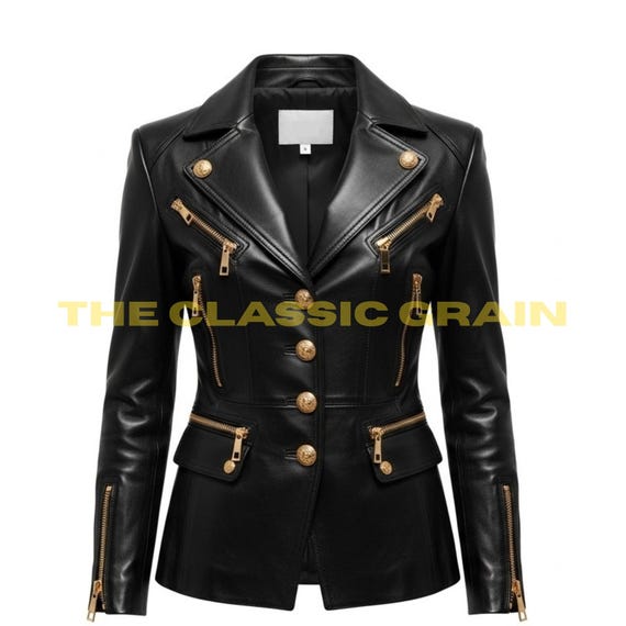 Women’s Black Leather Blazer, Military Biker Style Jacket with Gold Zipper Handmade Sheephide Outerwear