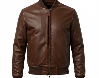 Men's Two-tone Cowhide Leather Bomber Jacket, Black Brown Color