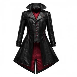 Men&#39;s Gothic Leather Vampire Coat: Steampunk Trench Coat with Red Lining