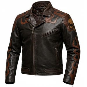 Men’s Real Leather Biker Jacket with Flames & Skull Patch – Vintage Motorcycle Style Brown Coat – Punk Rock Riding Outerwear