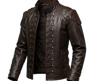 Men’s Brown Pirate Leather Jacket, Handmade Steampunk Coat Harness Metal Button Gothic Vintage Cosplay