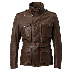 May include: Brown leather jacket with a belted waist, four front pockets, and a stand-up collar. The jacket has button closures and shoulder epaulets. A classic, rugged outerwear piece.