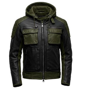 Könnte beinhalten: Schwarze und olivgrüne Lederjacke mit Kapuze. Die Jacke hat einen Reißverschluss vorne, mehrere Taschen und gesteppte Schulterdetails. Die Jacke hat ein modernes, robustes Design.