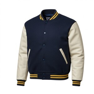Custom Blue & White Varsity Jacket, Yellow Accents, Men’s Bomber Letterman Jacket, Personalized Outerwear, Trendy Casual Fashion