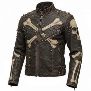 May include: Brown leather jacket with a skull and crossbones design. The jacket features bone appliques, silver studs, and a zipper closure. The jacket has a classic biker style with a round collar.