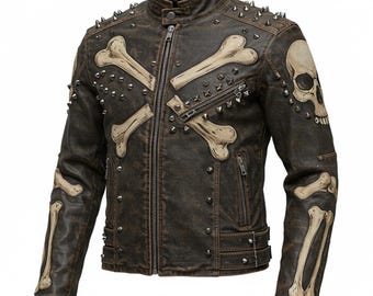 Men's Real Cow Leather Brown Distressed Skull Biker Motorcycle