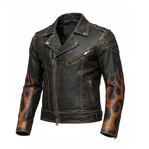 Men&#39;s Black Distressed Leather Biker Jacket with Flame Sleeves | Vintage Motorcycle Style | Rock Punk Rider Outerwear