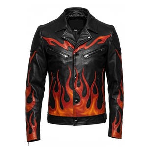 Men’s Black Real Leather Biker Jacket with Red Flame Design – Rocker Style Motorcycle Coat – Punk Retro Festival Outerwear