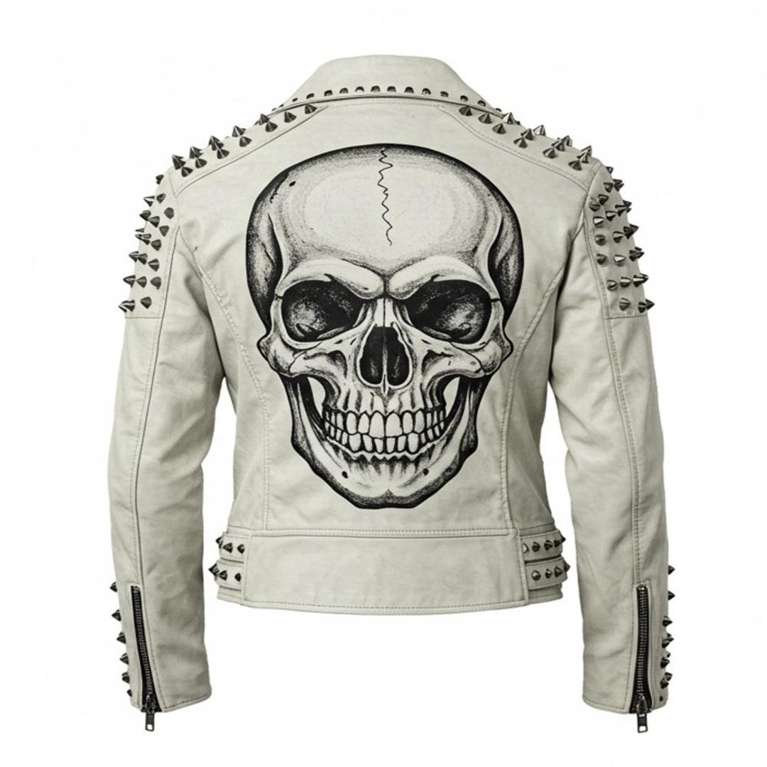 Men’s White Spiked Skull Leather Jacket, Handmade Cowhide Studded Biker ...