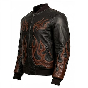 Men’s Real Leather Flame Bomber Jacket | Black Biker Jacket with Brown Fire Design | Vintage Motorcycle Style Outerwear Gift