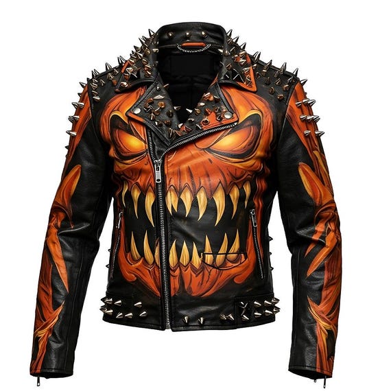 Men's Black Orange Horror Halloween Leather Jacket, Handmade