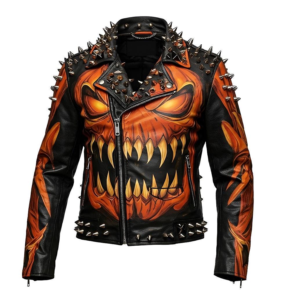 Men's Black Orange Horror Halloween Leather Jacket, Handmade