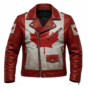 Kanada-Flagge Echtlederjacke | Herren Red Maple Leaf Bikermantel | Kanadische Vaterländische Moto Jacke | Echtleder Geschenkidee