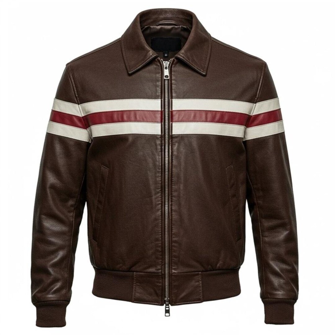Retro Brown Leather Bomber Jacket: Red & White Stripe Moto Jacket