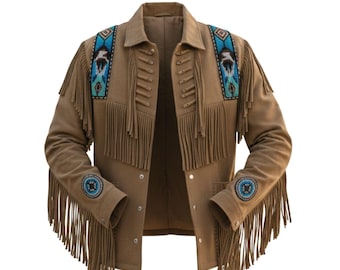 May include: A tan suede jacket with fringe detailing and decorative beadwork. The jacket features fringe along the sleeves, chest, and back, with beaded patterns on the shoulders and sleeves. The jacket has a button-up front and a collared neckline.