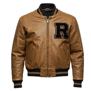 Men&#39;s Brown Leather Varsity Jacket with Black Letterman &#39;R&#39; Patch, Bomber Style, High-Quality Fashion Jacket, Casual & Stylish Outerwear