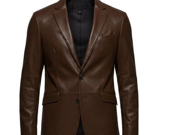 Blazer de piel de oveja marrón para hombre, abrigo formal genuino hecho a mano, estilo casual de negocios a medida.