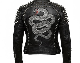 Chaqueta de cuero negro con tachuelas para hombre – Abrigo rockero con calavera y serpiente – Estilo motero punk vanguardista hecho a mano