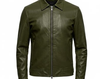 Giacca da uomo in vera pelle verde oliva - Vestibilità slim con cerniera - Stile vintage motociclistico, realizzata a mano