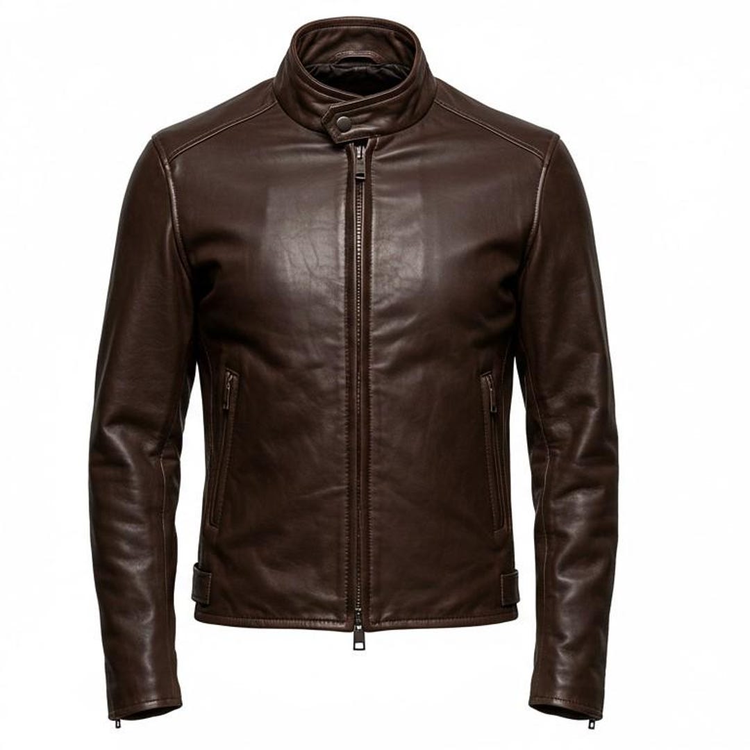 Braune Herrenlederjacke mit Stehkragen und Reißverschluss