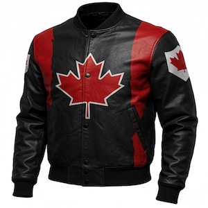 Kanada-Flagge Lederjacke mit Ahornblatt-Design - Stilvolle Bomberjacke für Herren, einzigartige rot-schwarze kanadische Pride-Kleidung