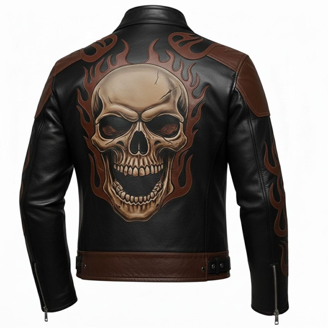 ジャケット・アウター COLLARS leather tracker jacket skull M Men's Skull Flame Leather Jacket – Handmade Biker Coat – Punk Rock