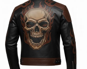 Men's Real Cow Leather Brown Distressed Skull Biker Motorcycle Men's Real Cow Leather Brown Distressed Skull Biker Motorcycle