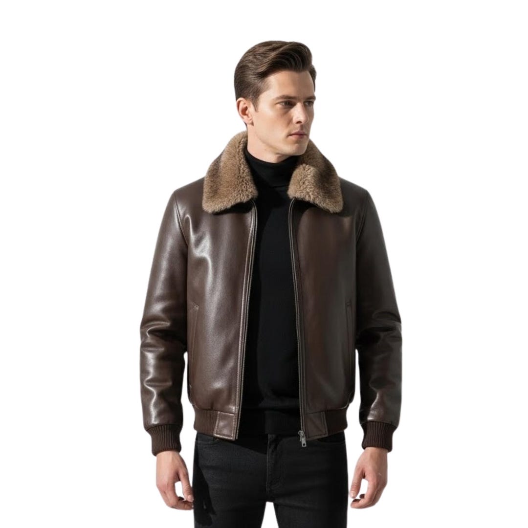 Jaqueta Bomber Masculina em Couro de Ovelha | Jaqueta Marrom de Inverno ...