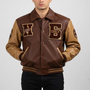Men&#39;s Brown Varsity Bomber Jacket with Patches – Leather Letterman Style Coat – Custom College Jacket – Streetwear Gift for Him