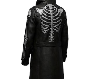 Men's Real Leather Skull Coat | Skeleton Spine Trench | Gothic Biker Jacket | Halloween Outerwear