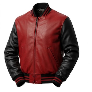 Red and Black Leather Varsity Bomber Jacket: Stylish Men&#39;s Outerwear