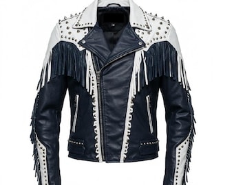 Jaqueta masculina de couro branco e azul marinho com franjas – estilo cowboy/motoqueiro western – feita à mão, estilo rodeio vintage.