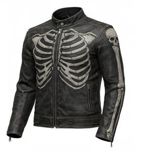 Men&#39;s Skeleton Leather Jacket | Cool Skull & Bones Design | Biker Motorcycle Fashion | Unique Statement Outerwear | Gothic Punk Style