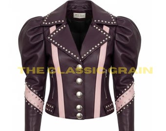 Chaqueta de cuero morada con mangas abullonadas para mujer – Abrigo rosa de bloques hecho a mano – Chaqueta corta retro de los 80 con tachuelas
