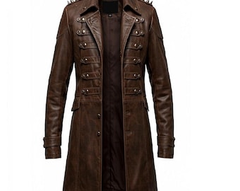 Men’s Brown Leather Long Coat with Spikes | Gothic Steampunk Military Trench Jacket
