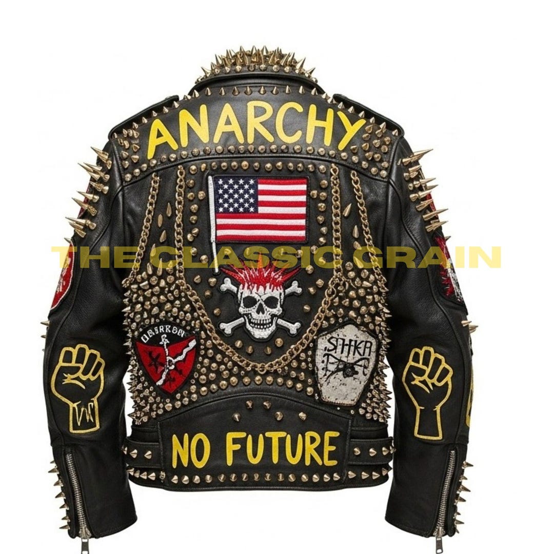 Men’s Black Leather Punk Battle Jacket With Spikes, Patches Cowhide ...