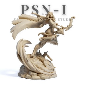 May include: A beige figurine of a female archer in a dynamic pose, holding a bow and arrow. The figure is on a rocky base with the text "PSN-I STUDIO" in the background. The archer wears armor and a flowing cape.