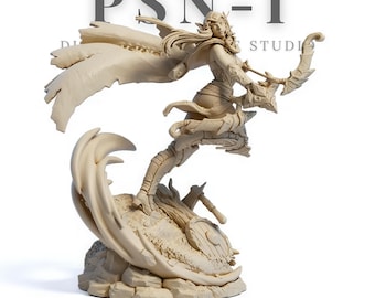 May include: A beige figurine of a female archer in a dynamic pose, holding a bow and arrow. The figure is on a rocky base with the text "PSN-I STUDIO" in the background. The archer wears armor and a flowing cape.