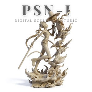 May include: A beige digital sculpture of a woman with a sword, facing a figure in a hat. The sculpture is set on a base with flame-like details. The text "PSN-I DIGITAL SCULPT STUDIO" is at the top.