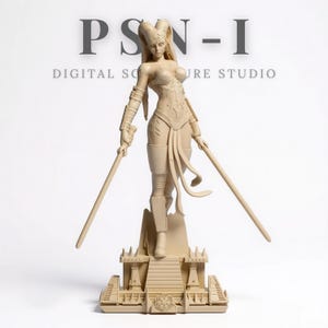 Puede incluir: Estatua beige de una figura femenina con dos sables de luz, de pie sobre una plataforma detallada. La estatua presenta una armadura intrincada y un diseño fluido. El texto "PSN-I DIGITAL SCULPTURE STUDIO" es visible en el fondo.