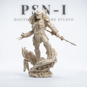 May include: A beige Predator figurine with intricate armor and a spear, standing atop a detailed base with skulls and a creature's head. The text "PSN-I DIGITAL FIGURE STUDIO" is at the top.