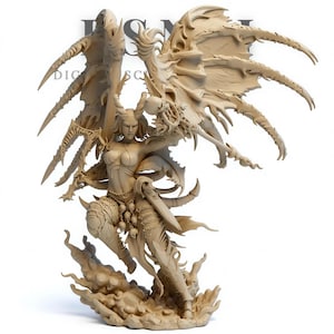 May include: A beige fantasy figurine of a winged female warrior with a sword and skull-like details. The figure is posed dynamically, with intricate wing and armor designs. The base features a cloud-like formation.