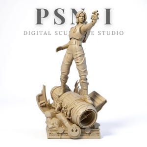 May include: A beige figurine of a character from a science fiction franchise, holding a blaster and standing atop a damaged cylindrical structure. The figure is wearing a jumpsuit and boots. The base has a Rebel Alliance symbol. Text at the top reads "PSN I" and "DIGITAL SCULPTURE STUDIO".