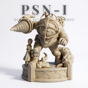 May include: A beige sculpture of a Big Daddy from the video game Bioshock, with a Little Sister. The Big Daddy has a drill arm and is standing on a platform. The sculpture has the text "PSN-I DIGITAL SCULPT STUDIO" in the background.